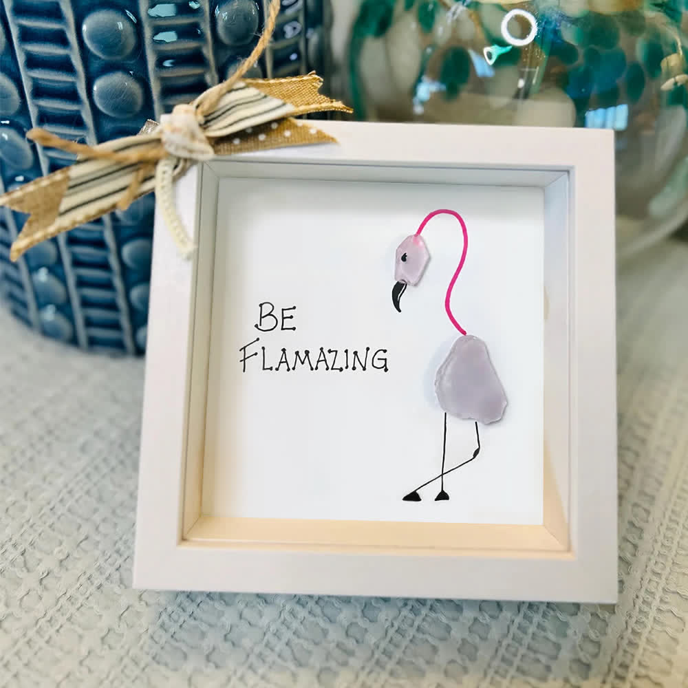 "BE FLAMAZING" Pink Flamingo Sea Glass Framed Art - image 6