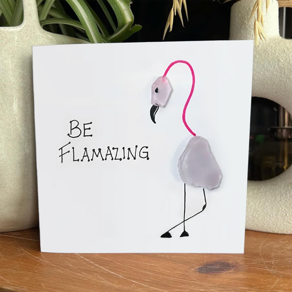 "BE FLAMAZING" Pink Flamingo Sea Glass Framed Art - Seaglass Card - 8" X 8" - image 1