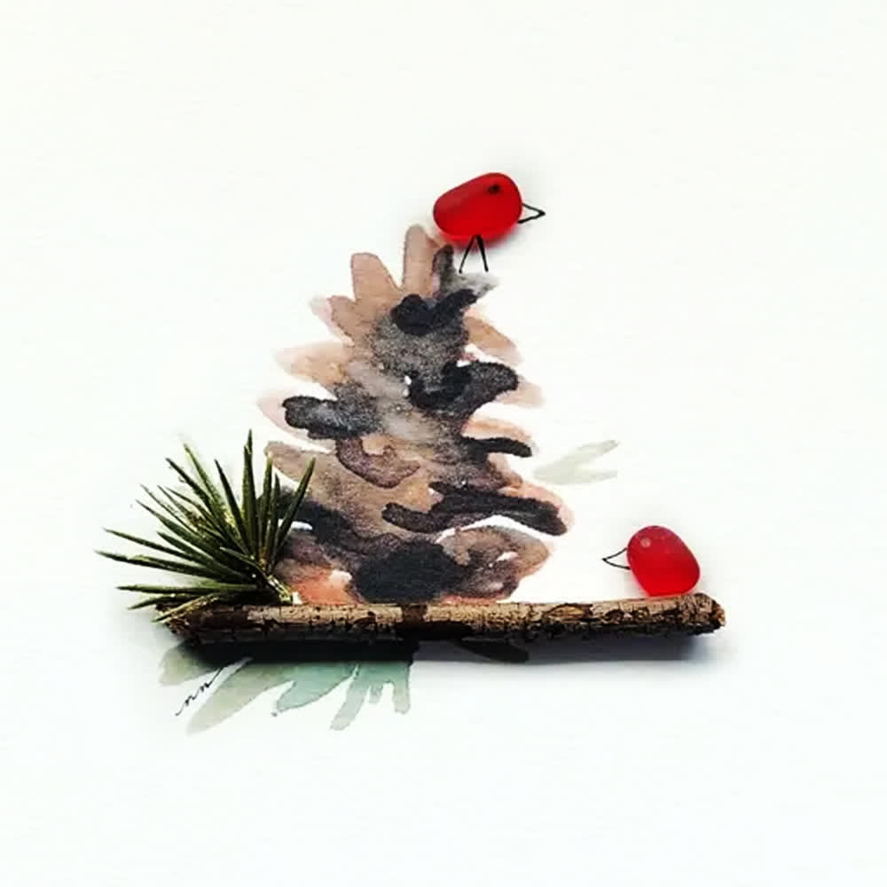 Red Birds Perched On A Pinecone Sea Glass Framed Art - image 2