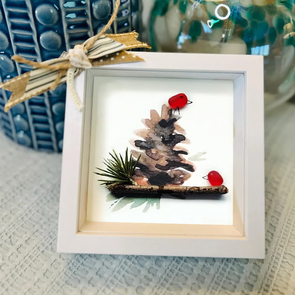 Red Birds Perched On A Pinecone Sea Glass Framed Art - image 7