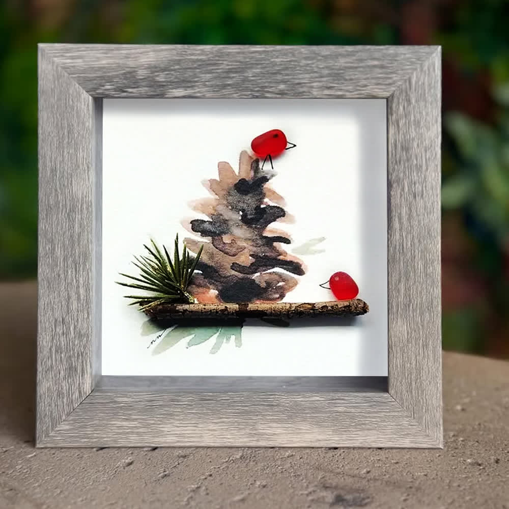 Red Birds Perched On A Pinecone Sea Glass Framed Art - image 0