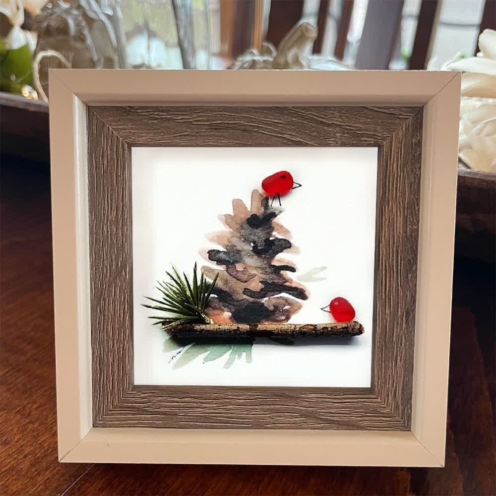Red Birds Perched On A Pinecone Sea Glass Framed Art - image 5