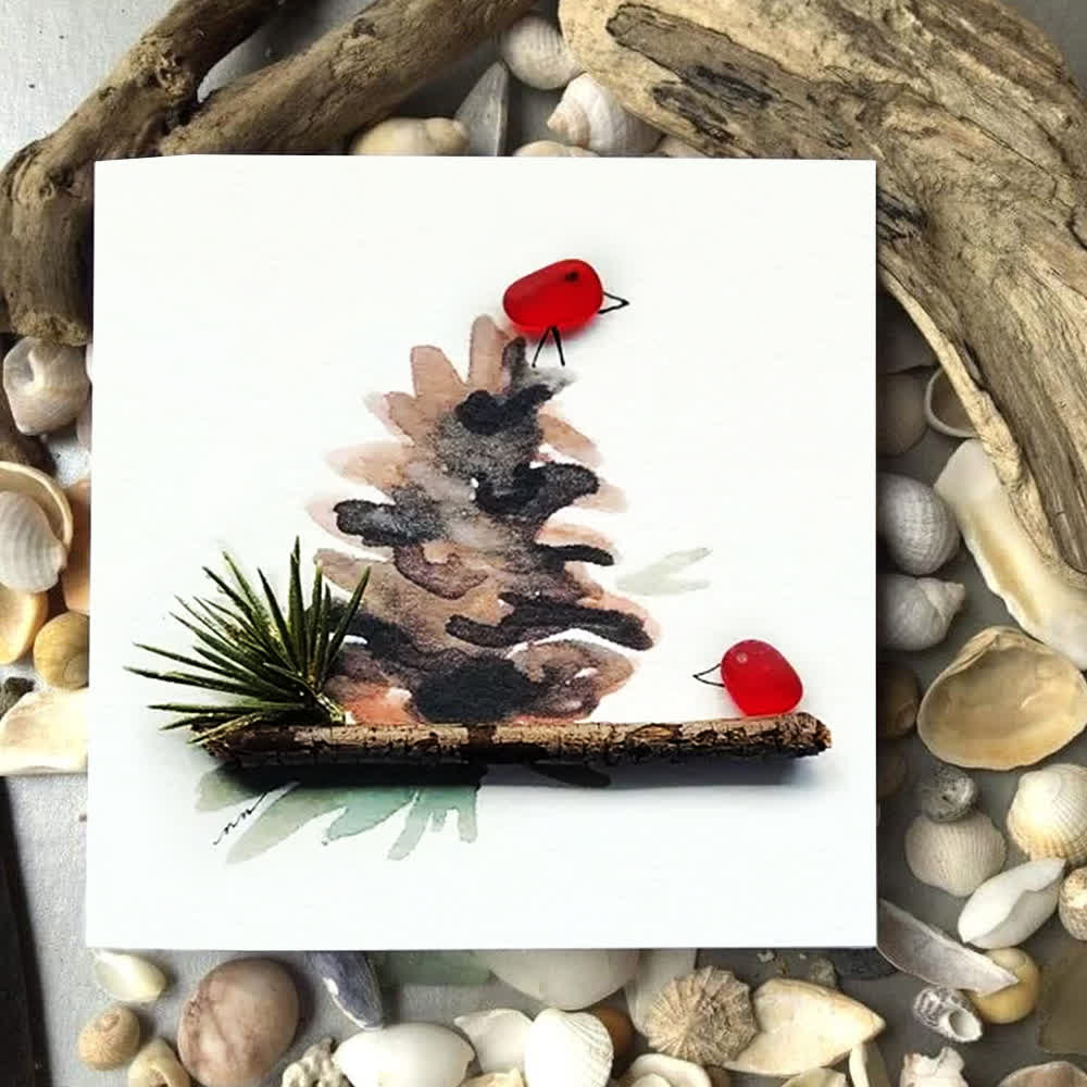 Red Birds Perched On A Pinecone Sea Glass Framed Art - image 3