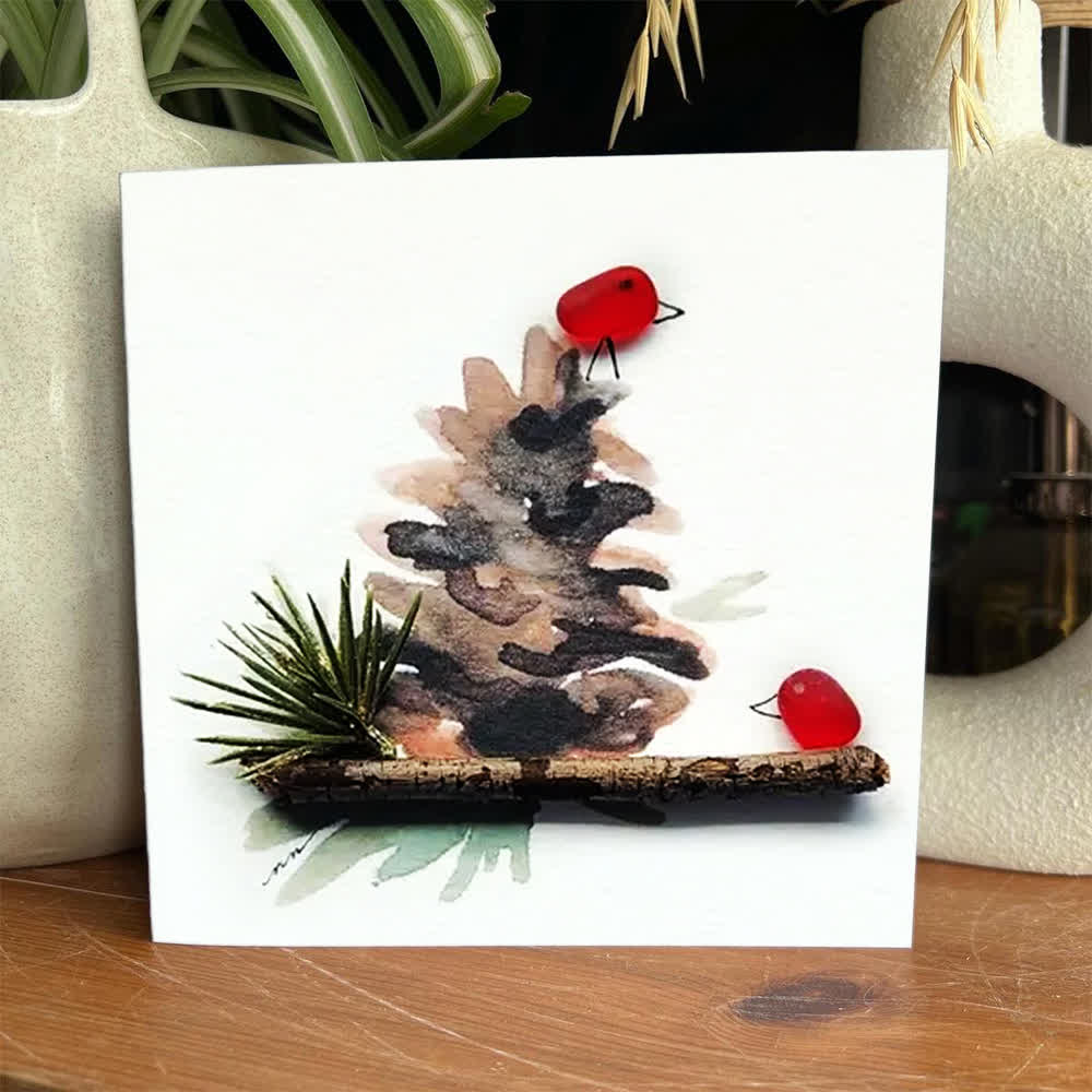 Red Birds Perched On A Pinecone Sea Glass Framed Art - Seaglass Card - 8" X 8" - image 1
