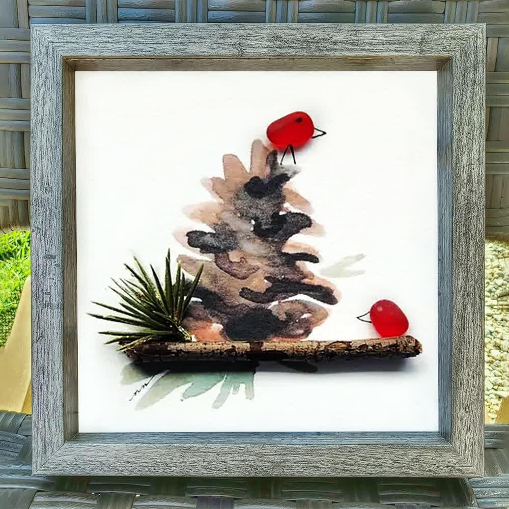 Red Birds Perched On A Pinecone Sea Glass Framed Art - image 6