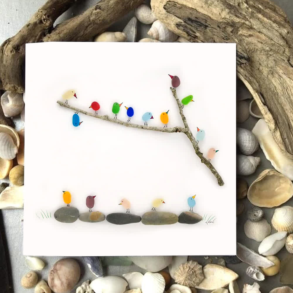 Rainbow Bird Flock Sea Glass Framed Art - Seaglass Card - 8" X 8" - image 1