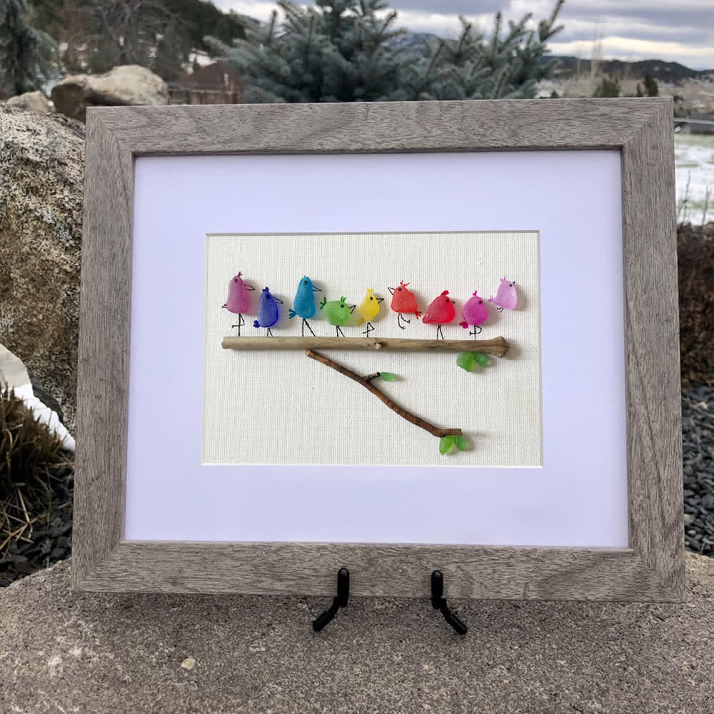 Rainbow Bird Family Chorus Sea Glass Framed Art - image 3