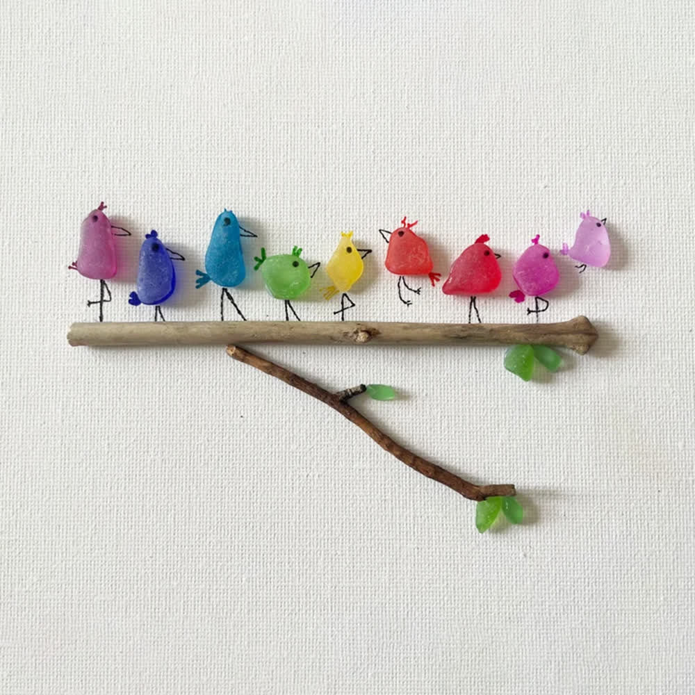 Rainbow Bird Family Chorus Sea Glass Framed Art - image 2