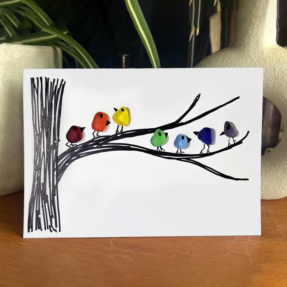 Rainbow Bird Gathering Family Sea Glass Framed Art - Seaglass Card - 6" X 8" - image 1