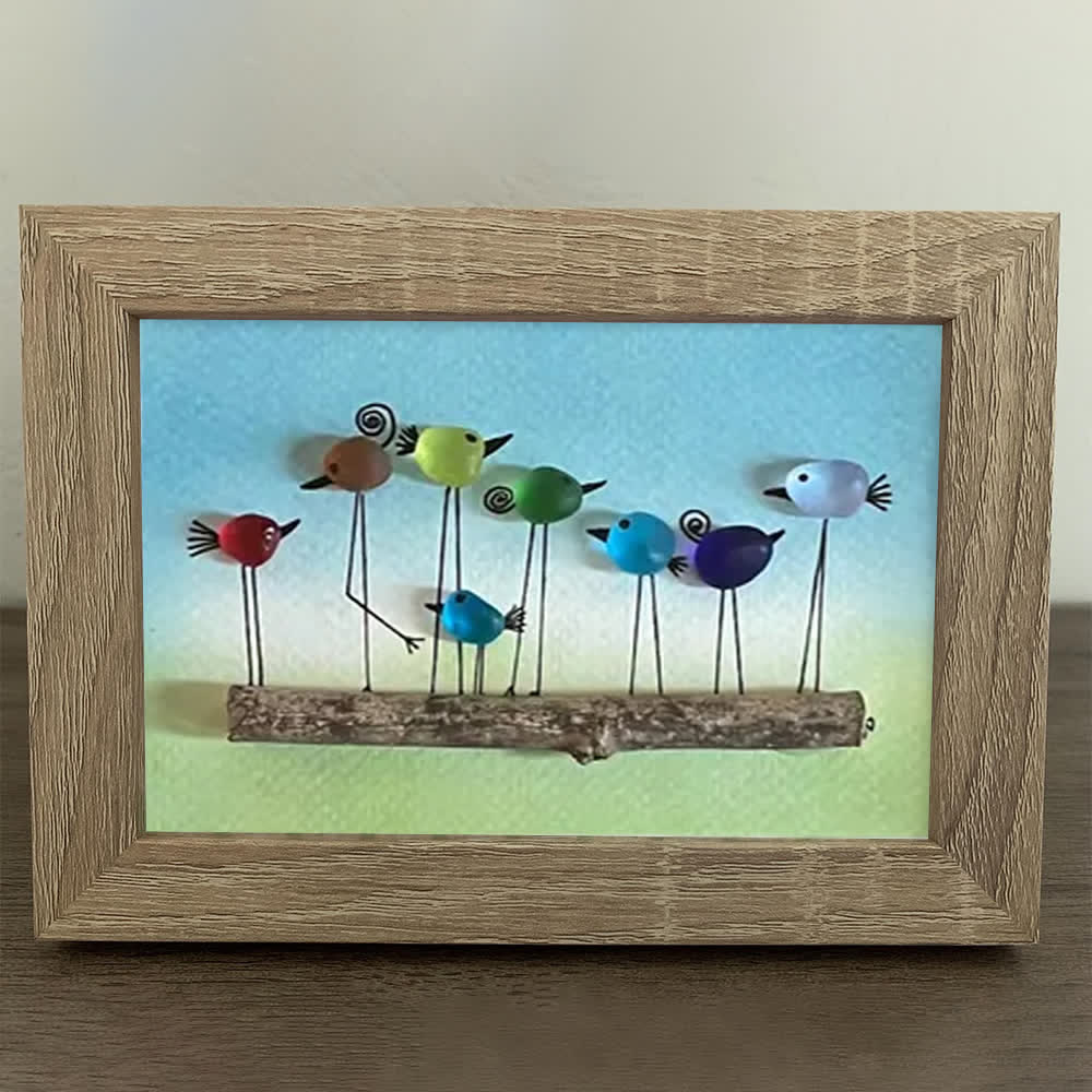 Whimsical Rainbow Bird Flock Gathering Sea Glass Framed Art - image 7
