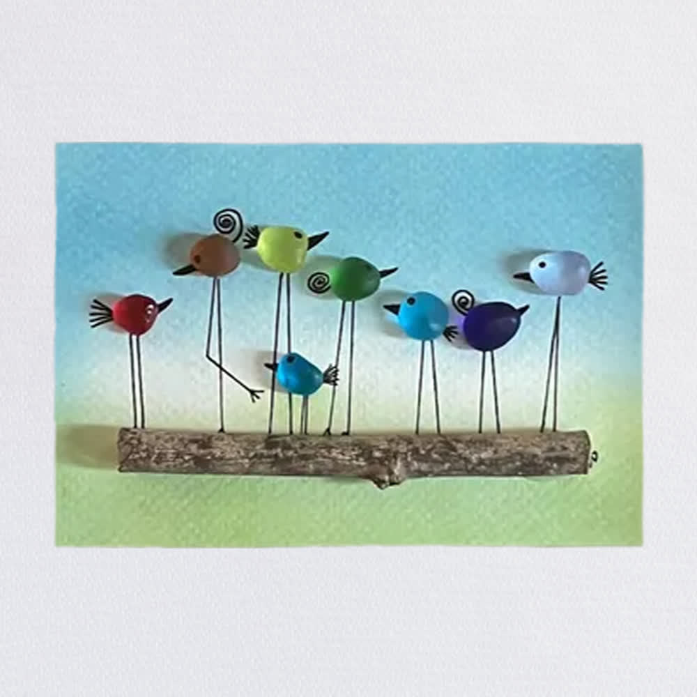 Whimsical Rainbow Bird Flock Gathering Sea Glass Framed Art - image 2