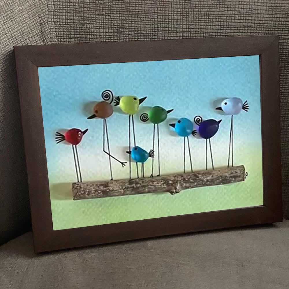 Whimsical Rainbow Bird Flock Gathering Sea Glass Framed Art - image 8