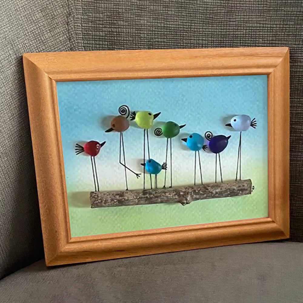 Whimsical Rainbow Bird Flock Gathering Sea Glass Framed Art - image 10