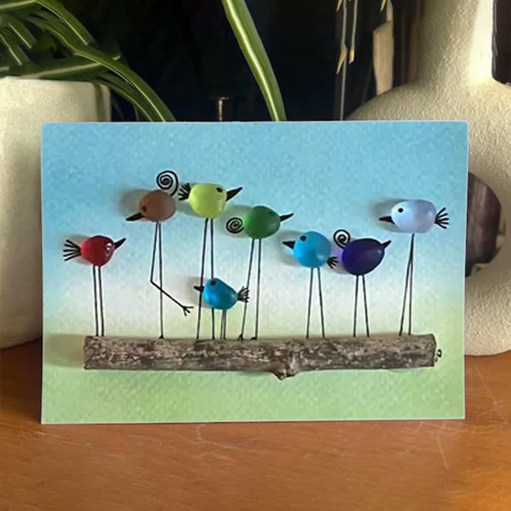 Whimsical Rainbow Bird Flock Gathering Sea Glass Framed Art - Seaglass Card - 6" X 8" - image 1