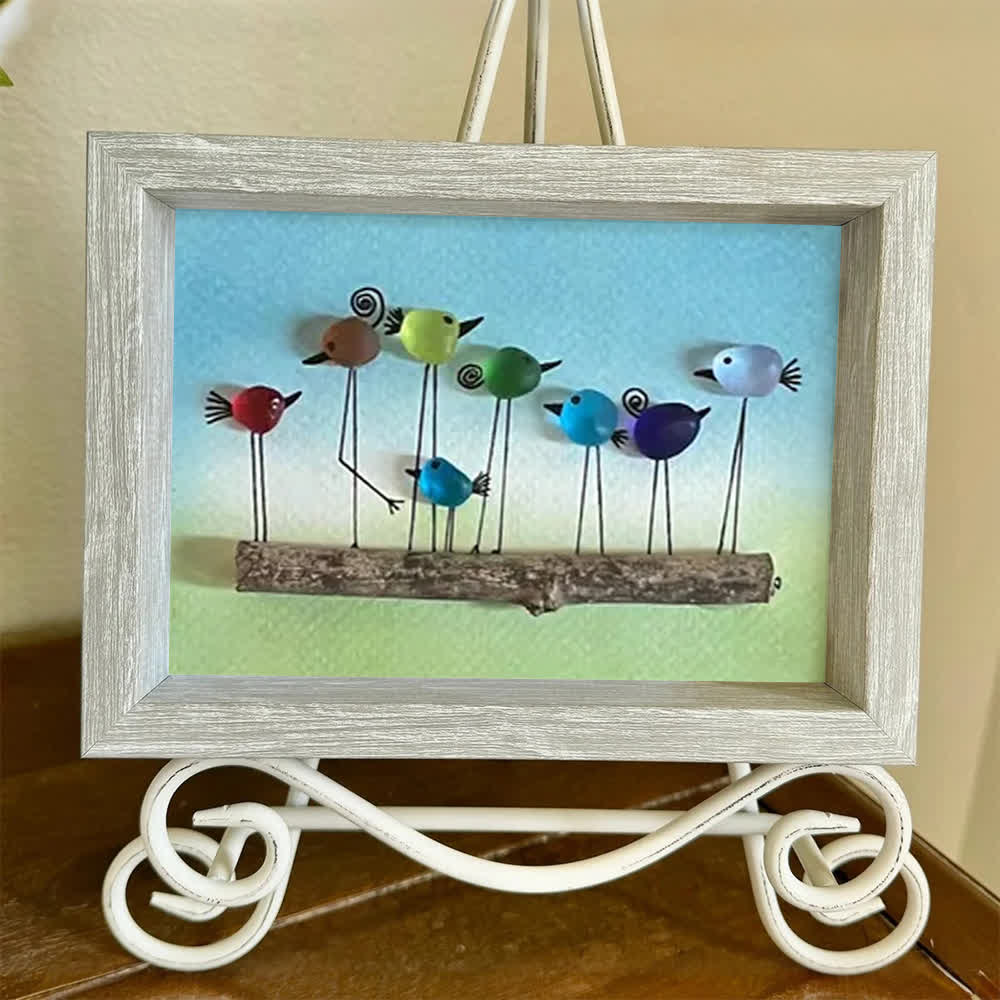 Whimsical Rainbow Bird Flock Gathering Sea Glass Framed Art - image 0