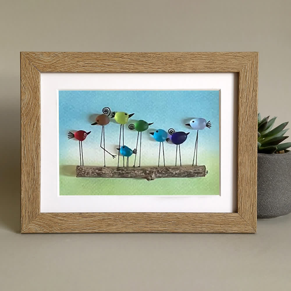 Whimsical Rainbow Bird Flock Gathering Sea Glass Framed Art - image 4