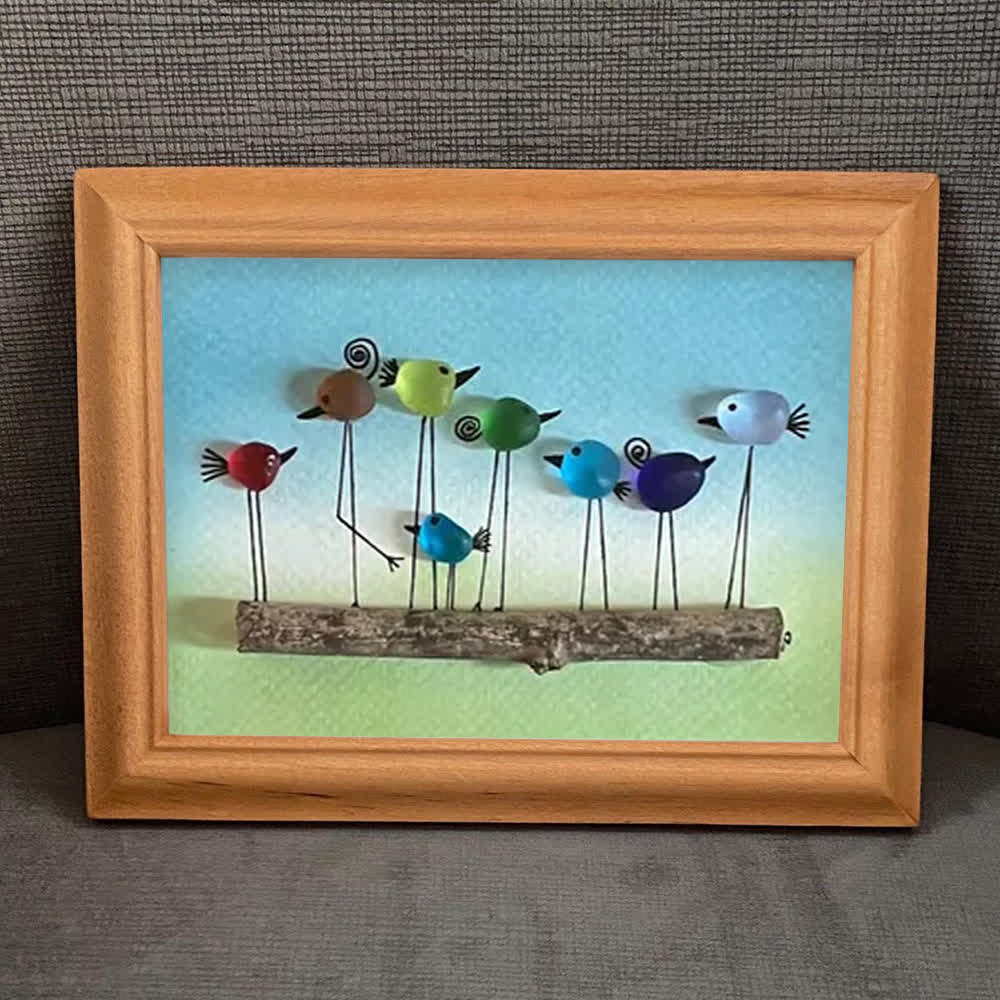 Whimsical Rainbow Bird Flock Gathering Sea Glass Framed Art - image 9