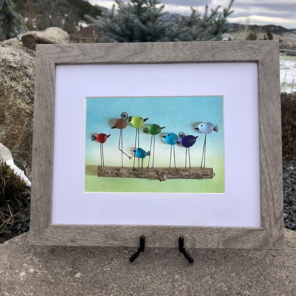 Whimsical Rainbow Bird Flock Gathering Sea Glass Framed Art - image 3