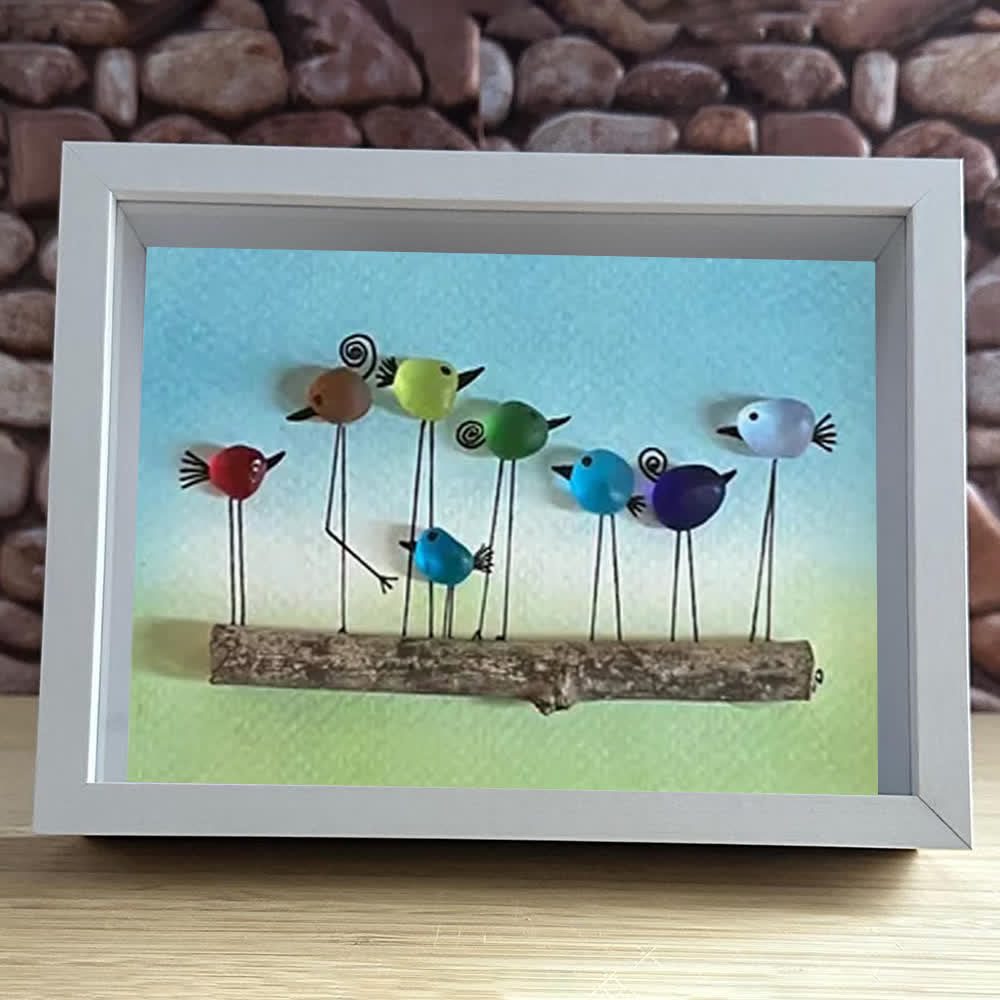 Whimsical Rainbow Bird Flock Gathering Sea Glass Framed Art - image 6