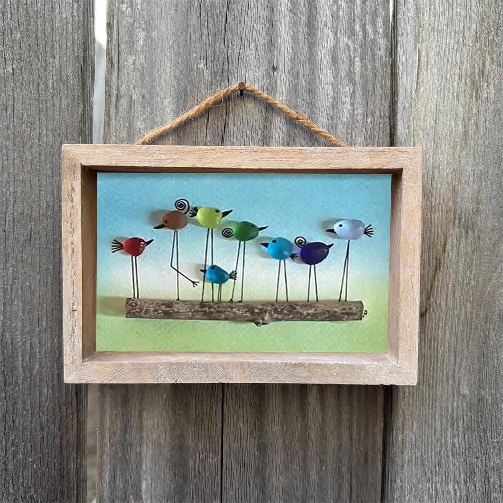 Whimsical Rainbow Bird Flock Gathering Sea Glass Framed Art - image 5