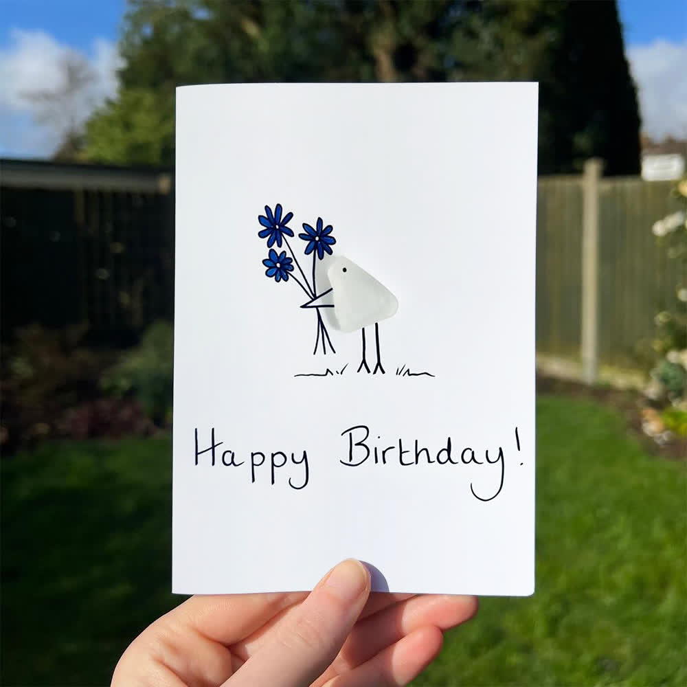 Happy Birthday Bouquet & Bird Sea Glass Framed Art - Seaglass Card - 8" X 6" - image 1