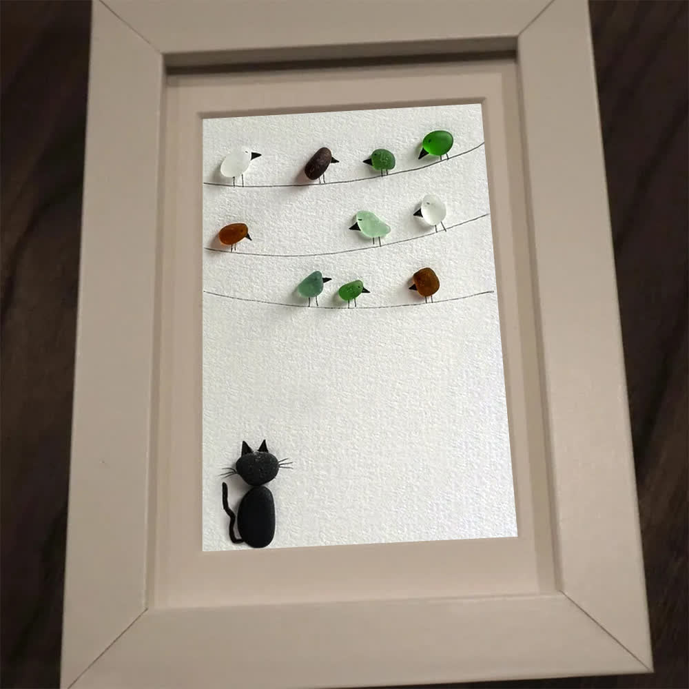 Playful Cat And Birds Sea Glass Framed Art For Pet Lovers - image 8