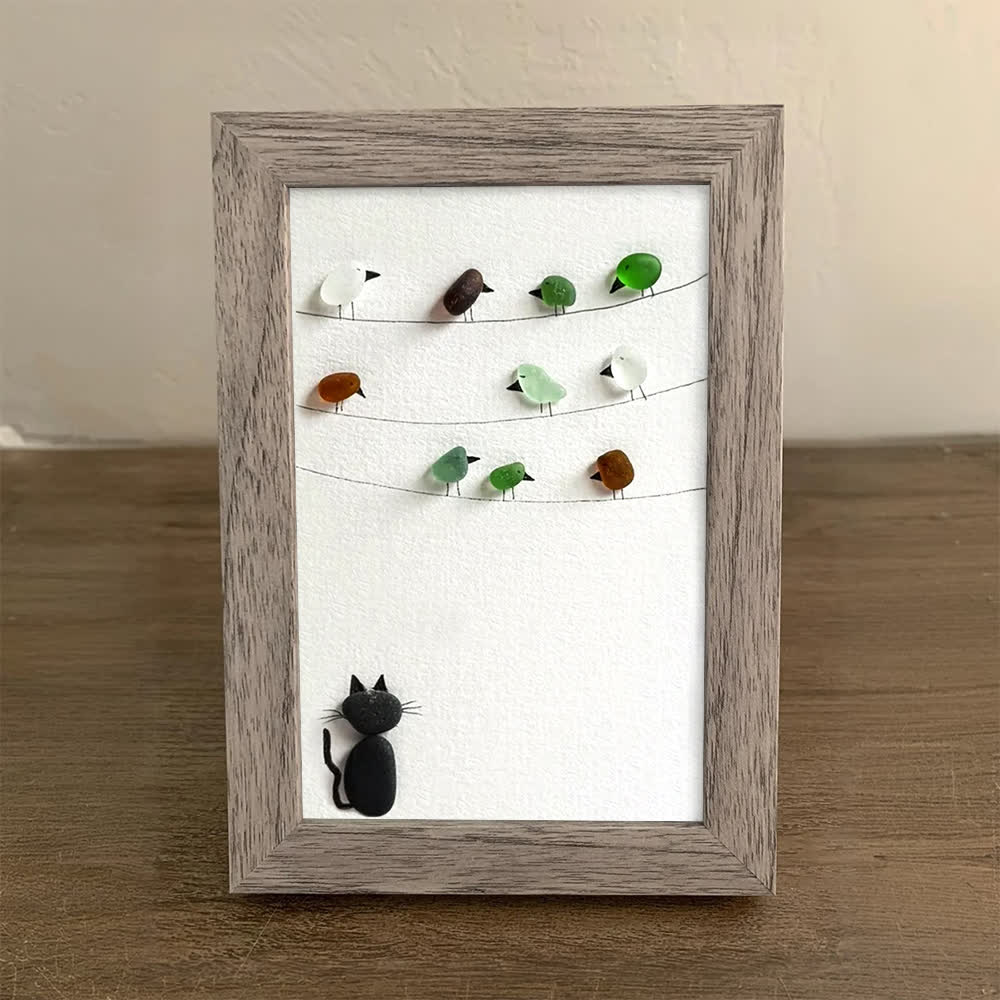 Playful Cat And Birds Sea Glass Framed Art For Pet Lovers - image 5