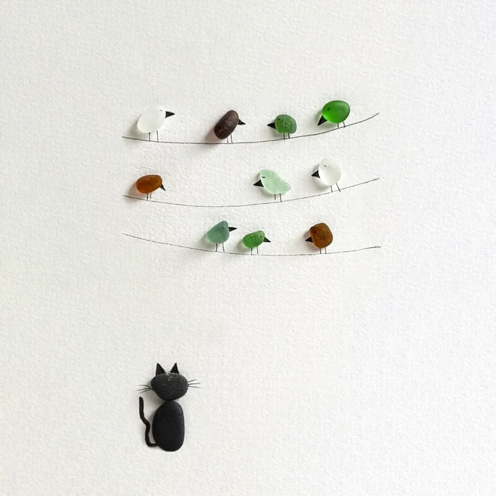 Playful Cat And Birds Sea Glass Framed Art For Pet Lovers - image 2