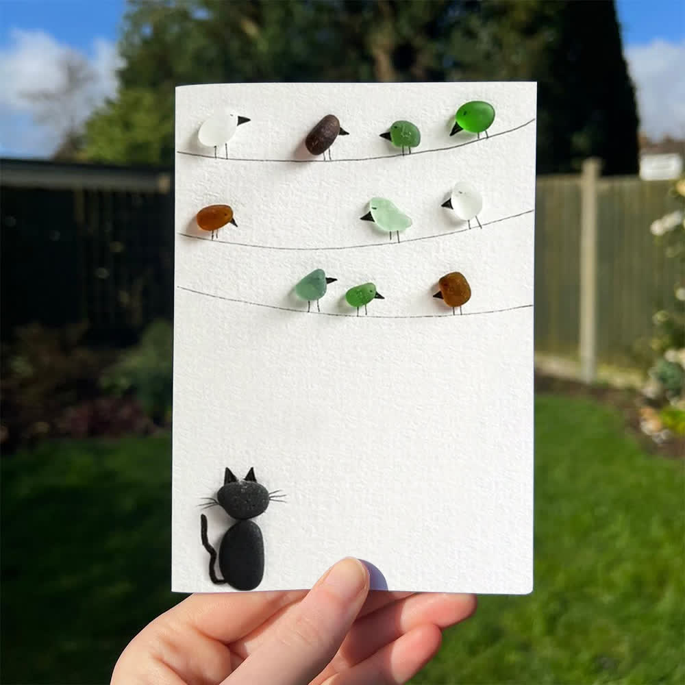 Playful Cat And Birds Sea Glass Framed Art For Pet Lovers - Seaglass Card - 8" X 6" - image 1