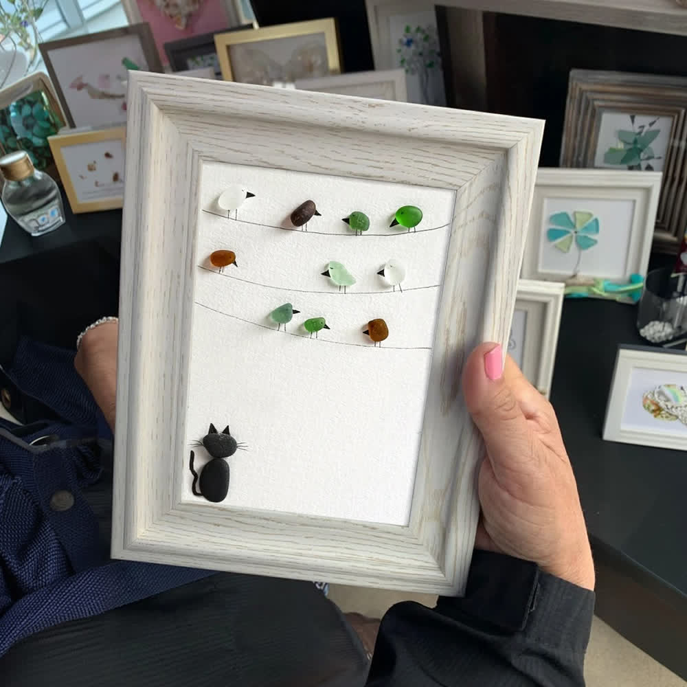 Playful Cat And Birds Sea Glass Framed Art For Pet Lovers - image 0