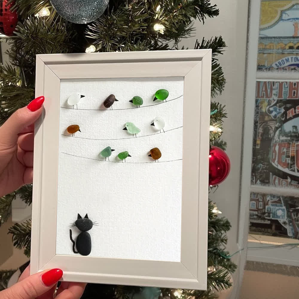 Playful Cat And Birds Sea Glass Framed Art For Pet Lovers - image 3