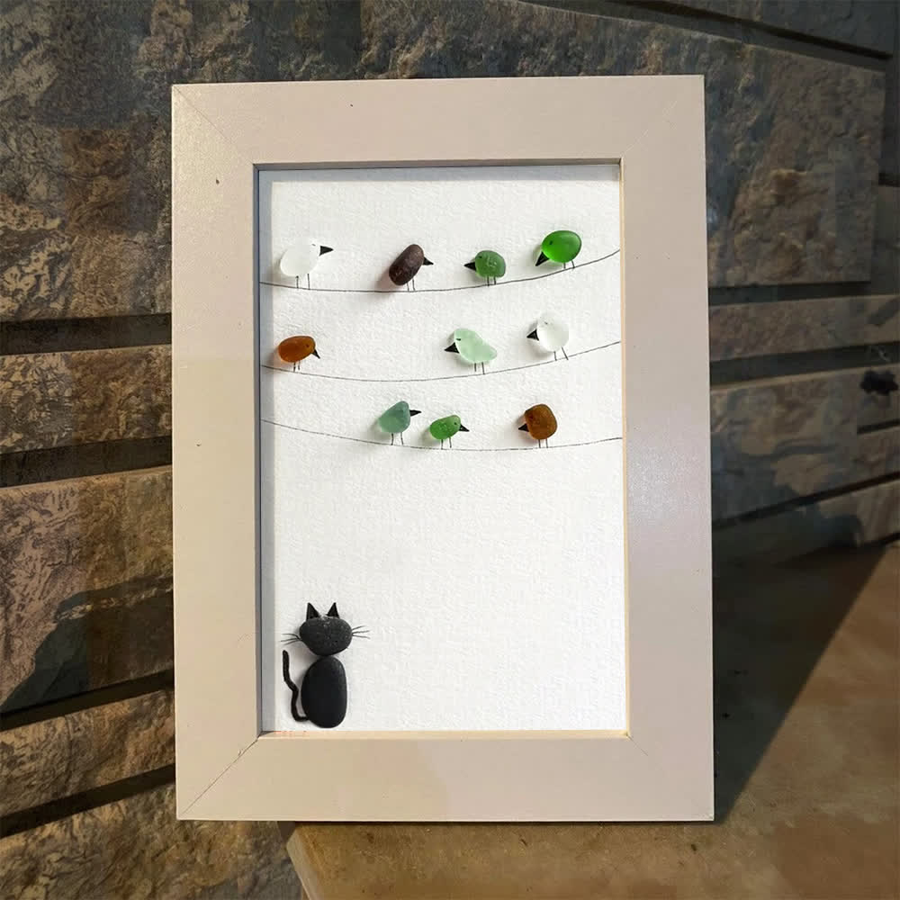 Playful Cat And Birds Sea Glass Framed Art For Pet Lovers - image 6