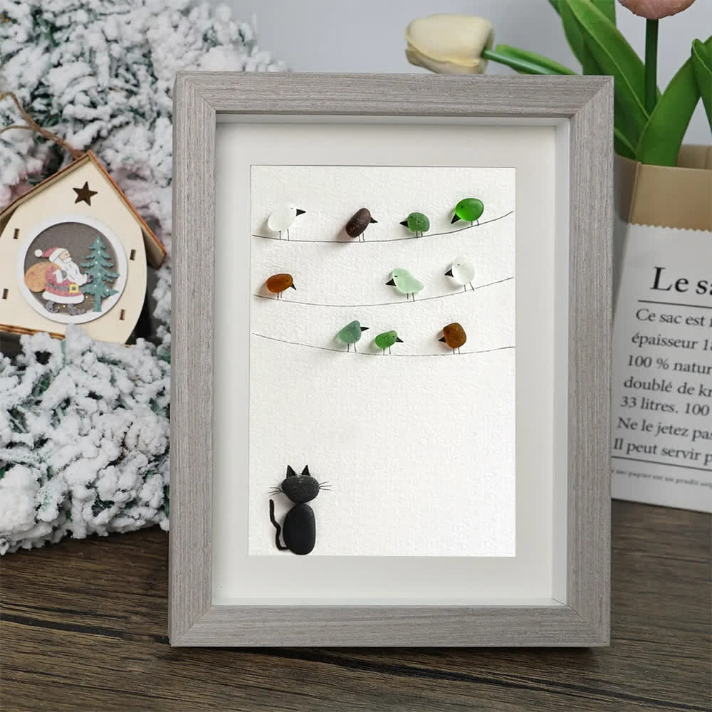 Playful Cat And Birds Sea Glass Framed Art For Pet Lovers - image 4