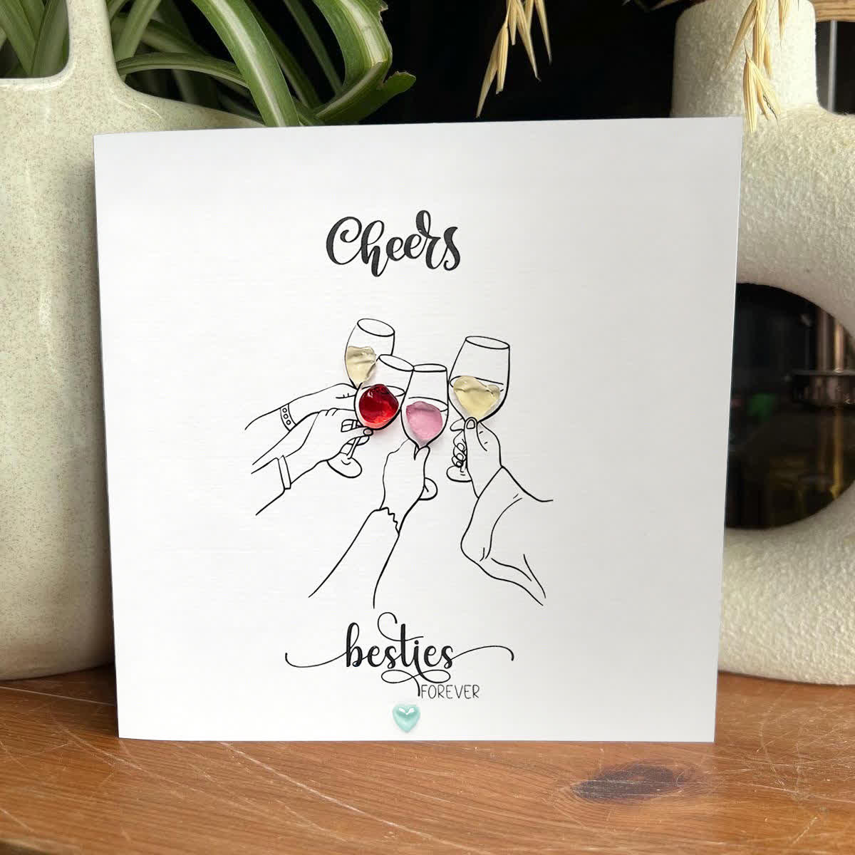 Celebtate Friendship "Cheers Besties Forever" Sea Glass Framed Art - Seaglass Card - 8" X 8" - image 1