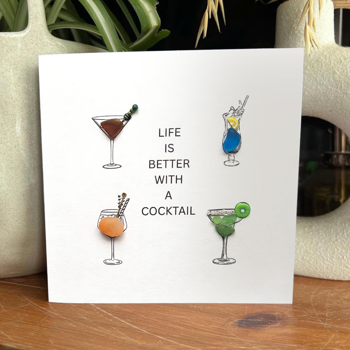 "Life Is Better With A Cocktail" Sea Glass Framed Art - Seaglass Card - 8" X 8" - image 1