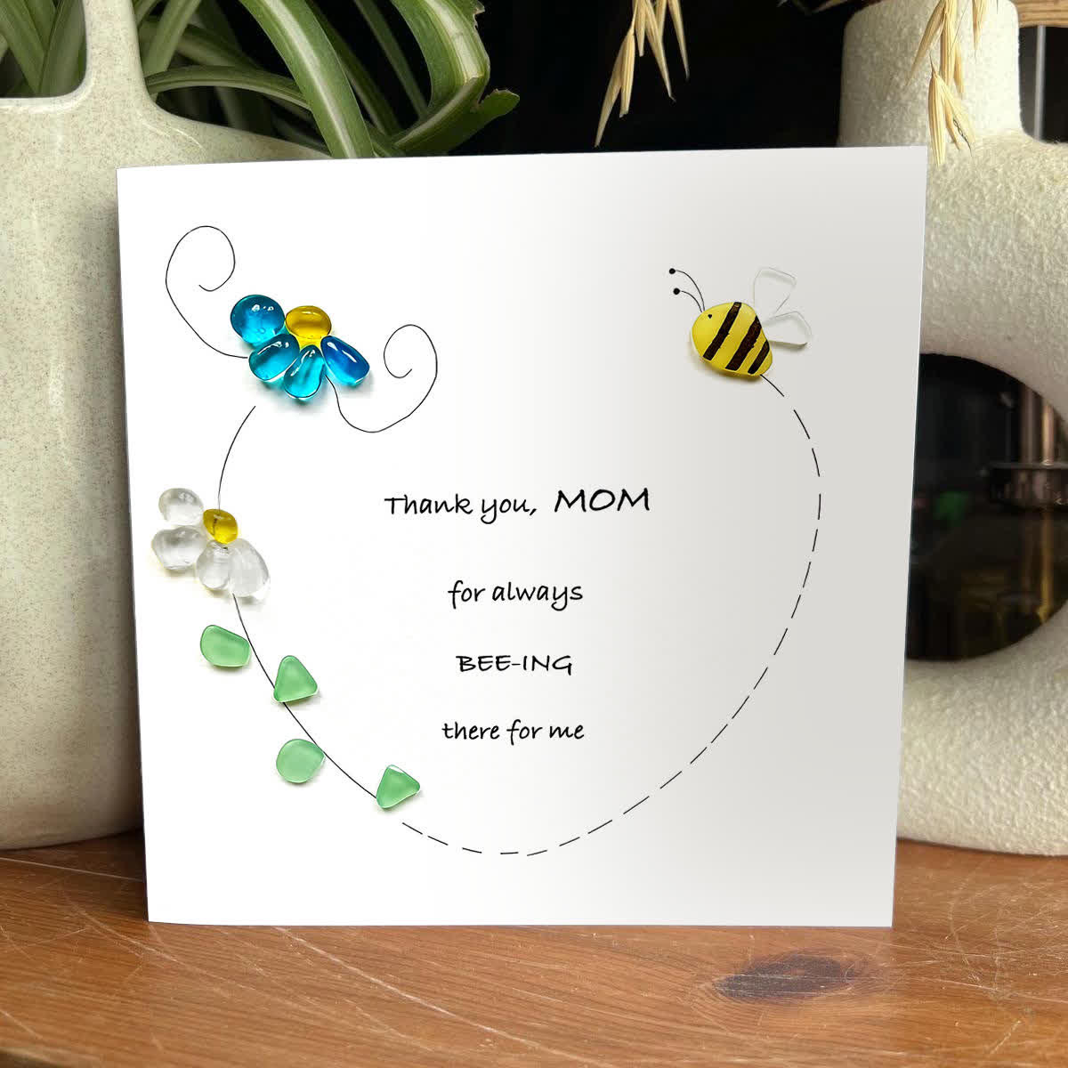 Mothe's Love Bee & Flowers Sea Glass Framed Art For Mom - Seaglass Card - 8" X 8" - image 1