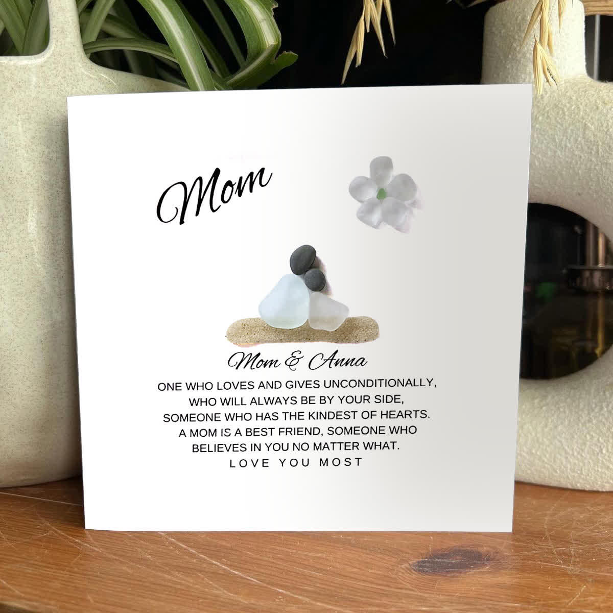 "Mom: Unconditional Love" Customizable Name Sea Glass Framed Art - Seaglass Card - 8" X 8" - image 1