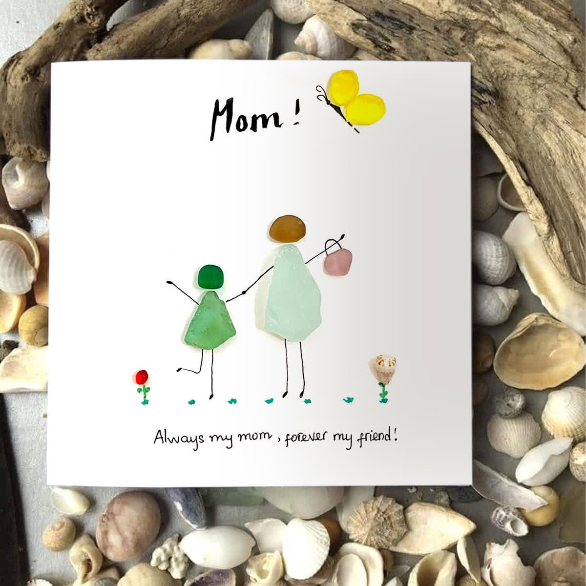 Timeless Mother-Child Bond Sea Glass Framed Art - Seaglass Card - 8" X 8" - image 1