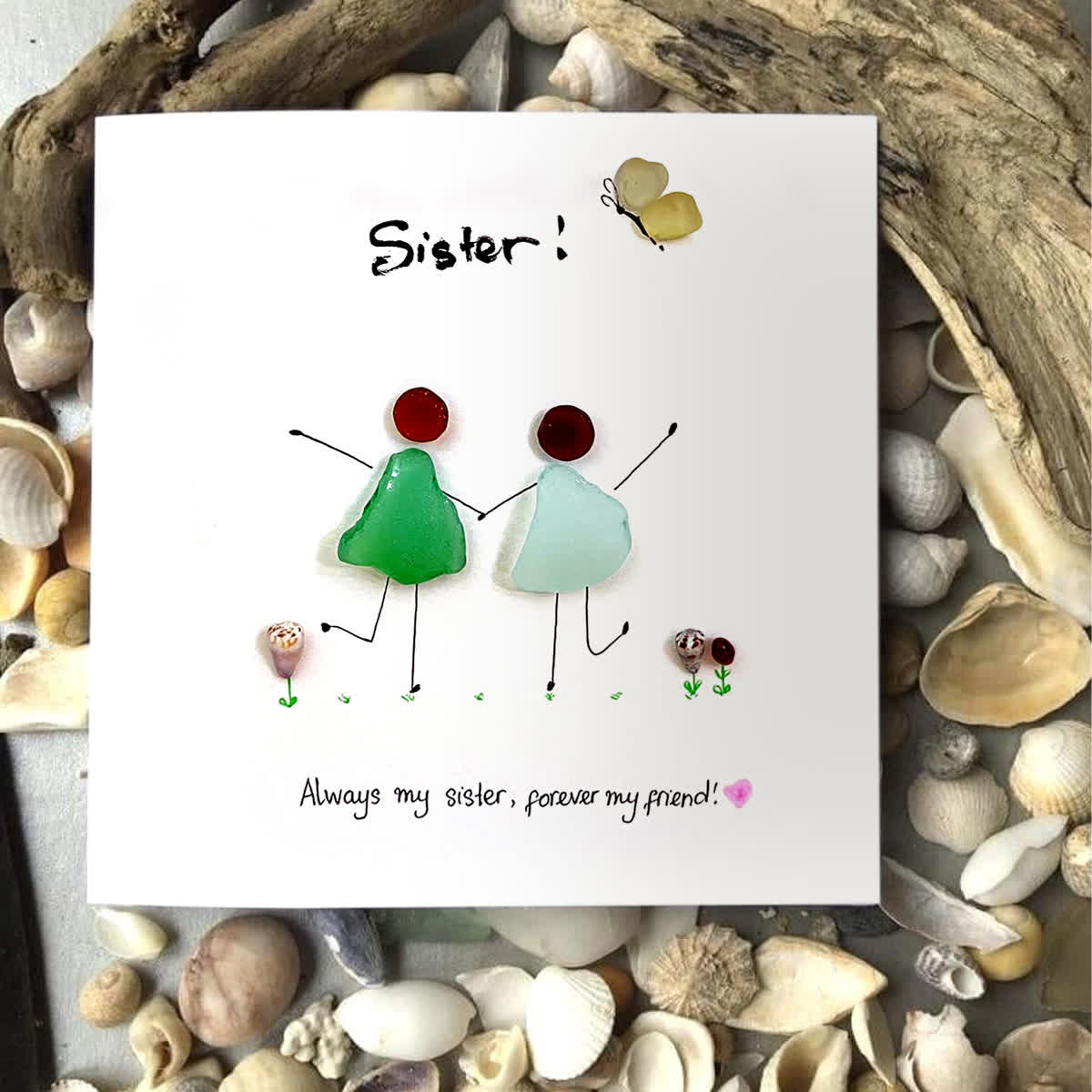 Sisterhood Handcrafted Sea Glass Framed Art - Seaglass Card - 8" X 8" - image 1
