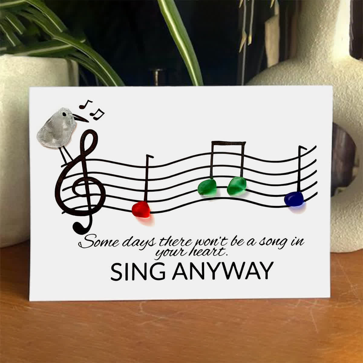 Music & Bird "Sing Anyway" Sea Glass Framed Art - Seaglass Card - 6" X 8" - image 1