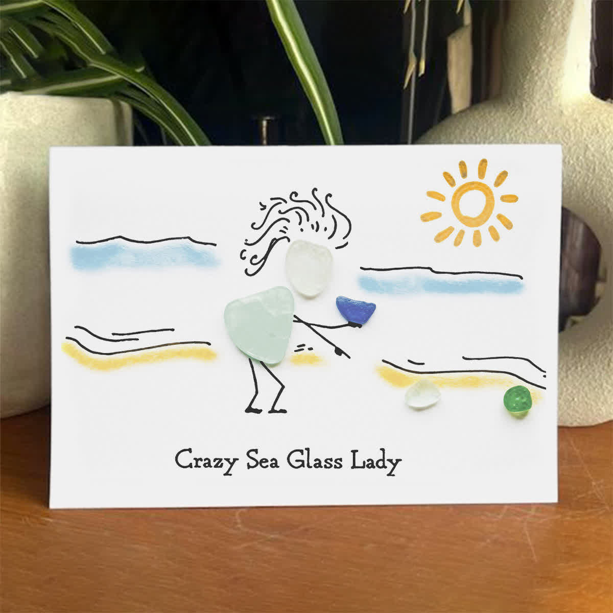 Summer Beach Crazy Sea Glass Lady Framed Art - Seaglass Card - 6" X 8" - image 1