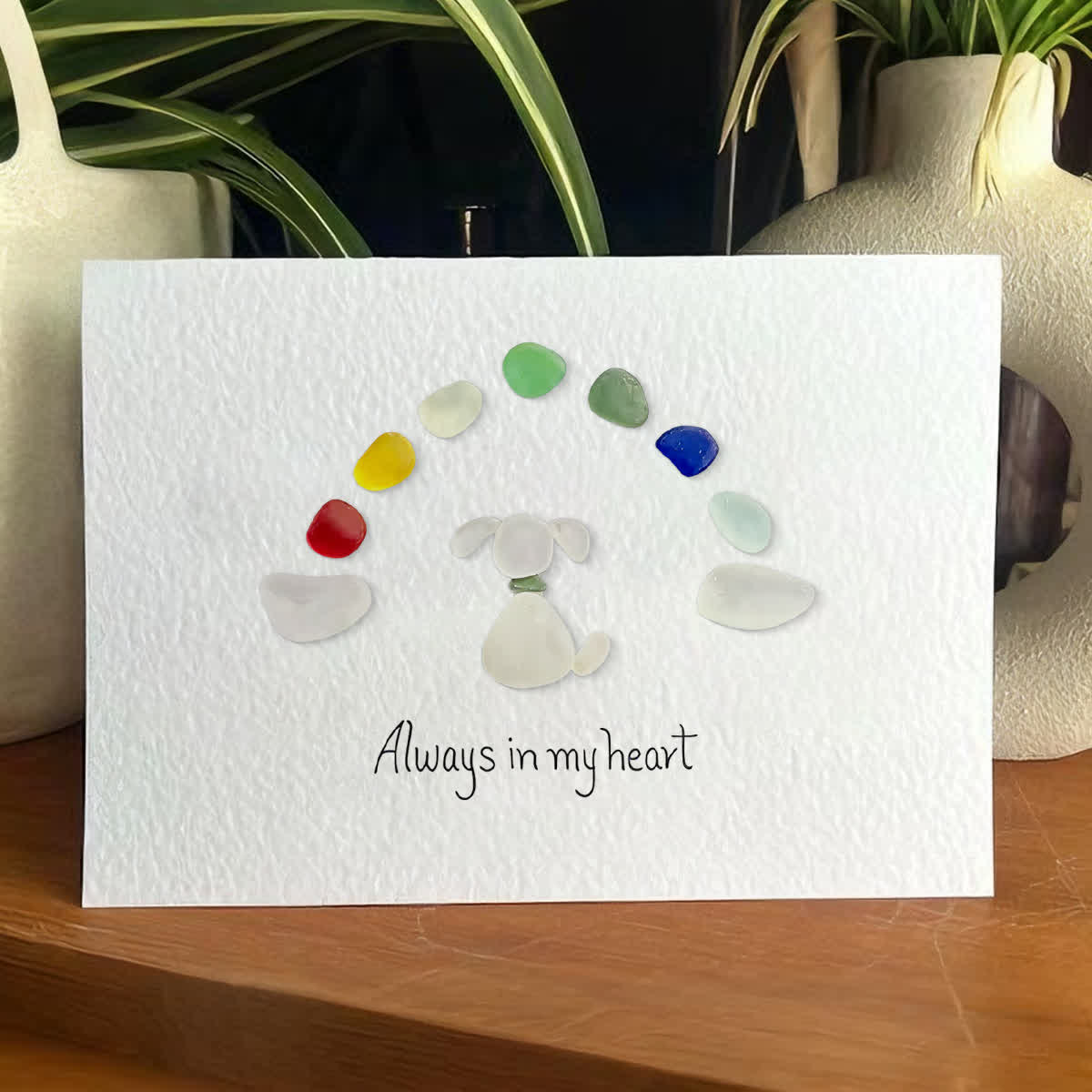 "Always in my heart" Rainbow Dog Memorial Sea Glass Framed Art - Seaglass Card - 6" X 8" - image 1