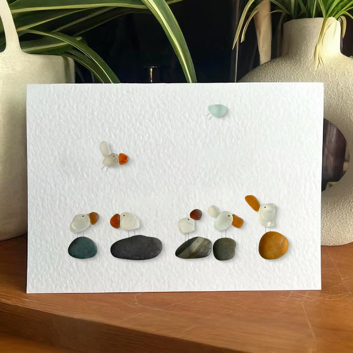 Coastal Bird Gathering Sea Glass Framed Art - Seaglass Card - 6" X 8" - image 1
