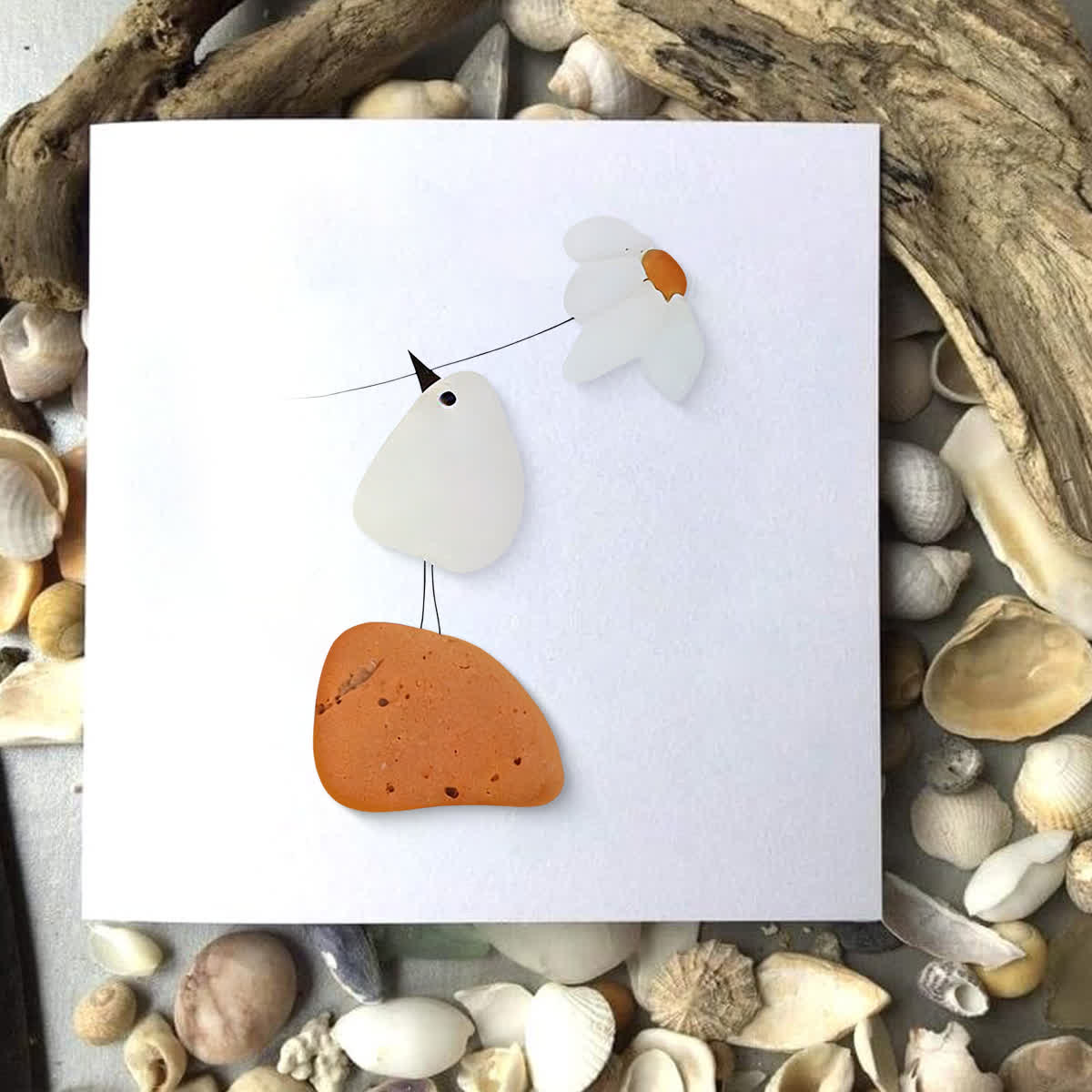 Little Bird & Daisy Nature-Inspired Sea Glass Framed Art - Seaglass Card - 8" X 8" - image 1