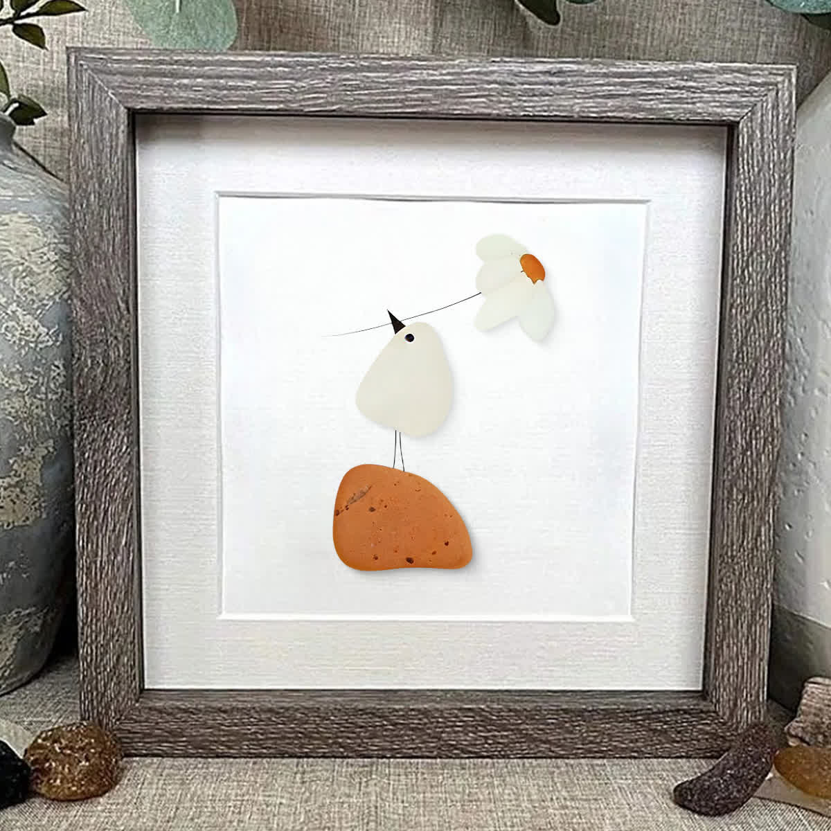 Little Bird & Daisy Nature-Inspired Sea Glass Framed Art - image 0