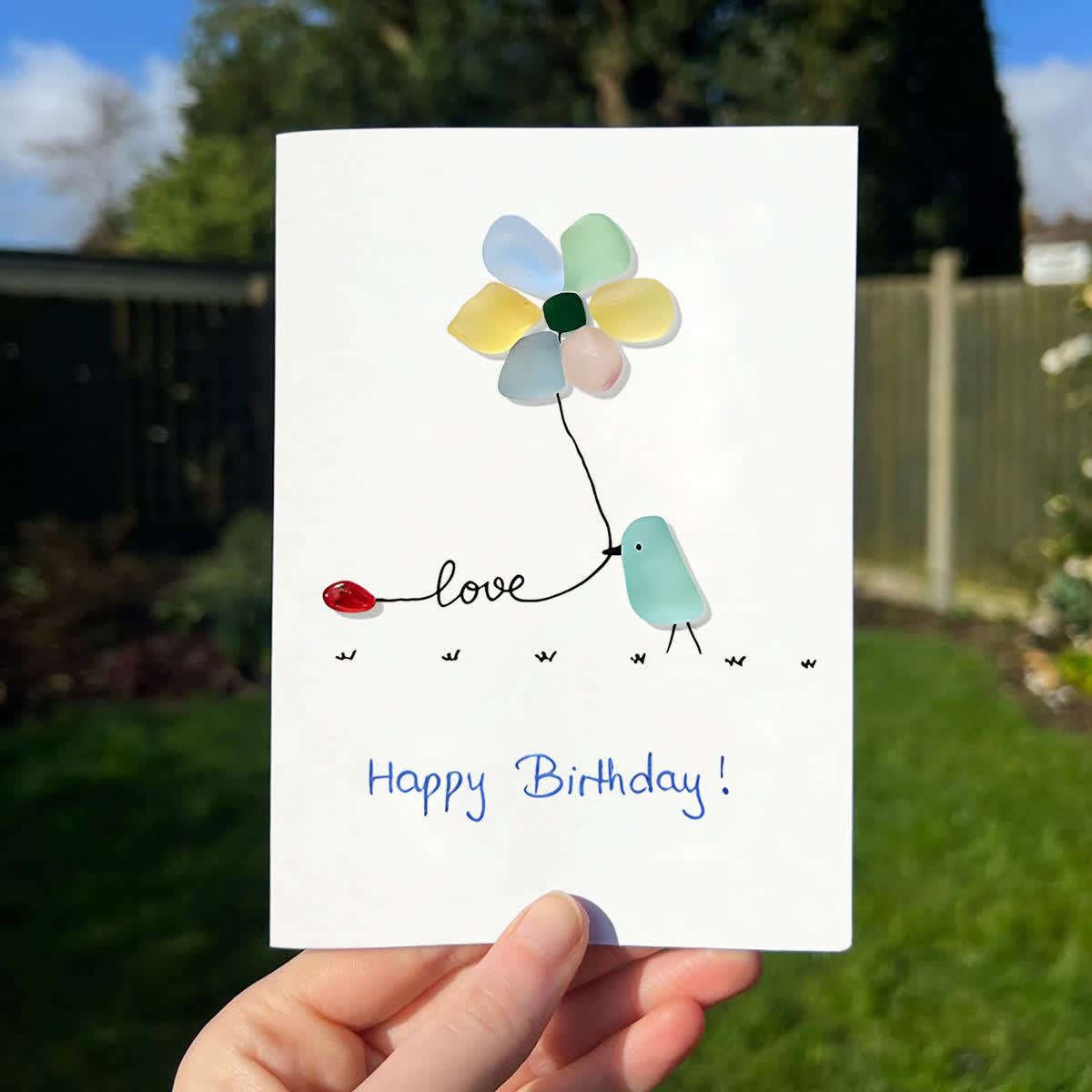 "Love & Blooms" Birthday Bird Sea Glass Framed Art - Seaglass Card - 8" X 6" - image 1