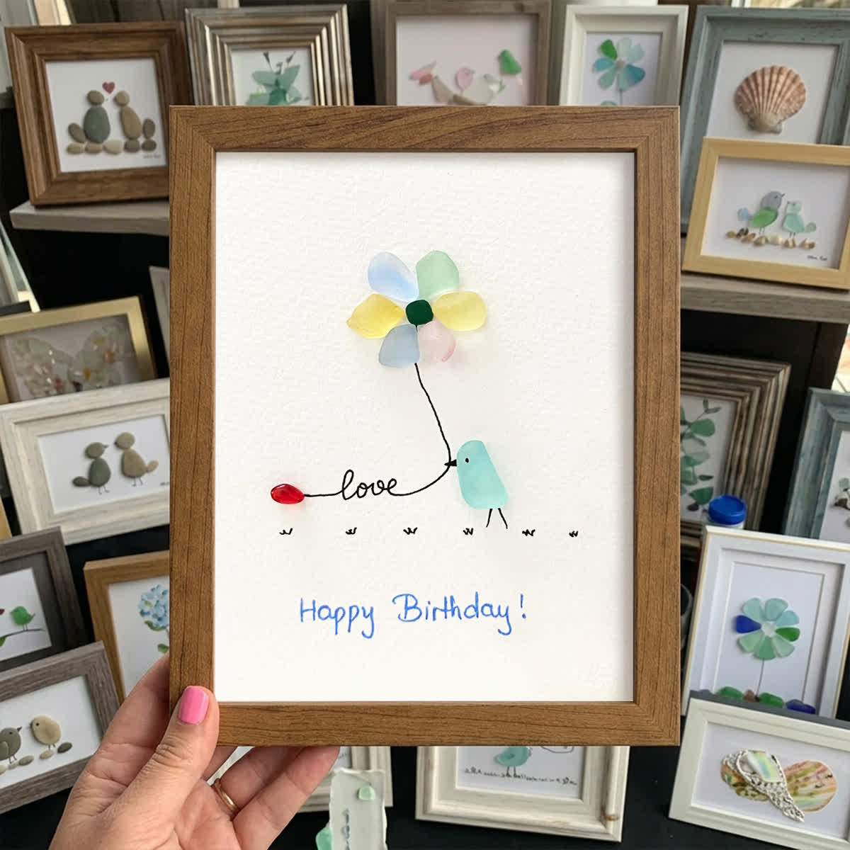 "Love & Blooms" Birthday Bird Sea Glass Framed Art - Walnut Brown - 8" X 6" - image 12