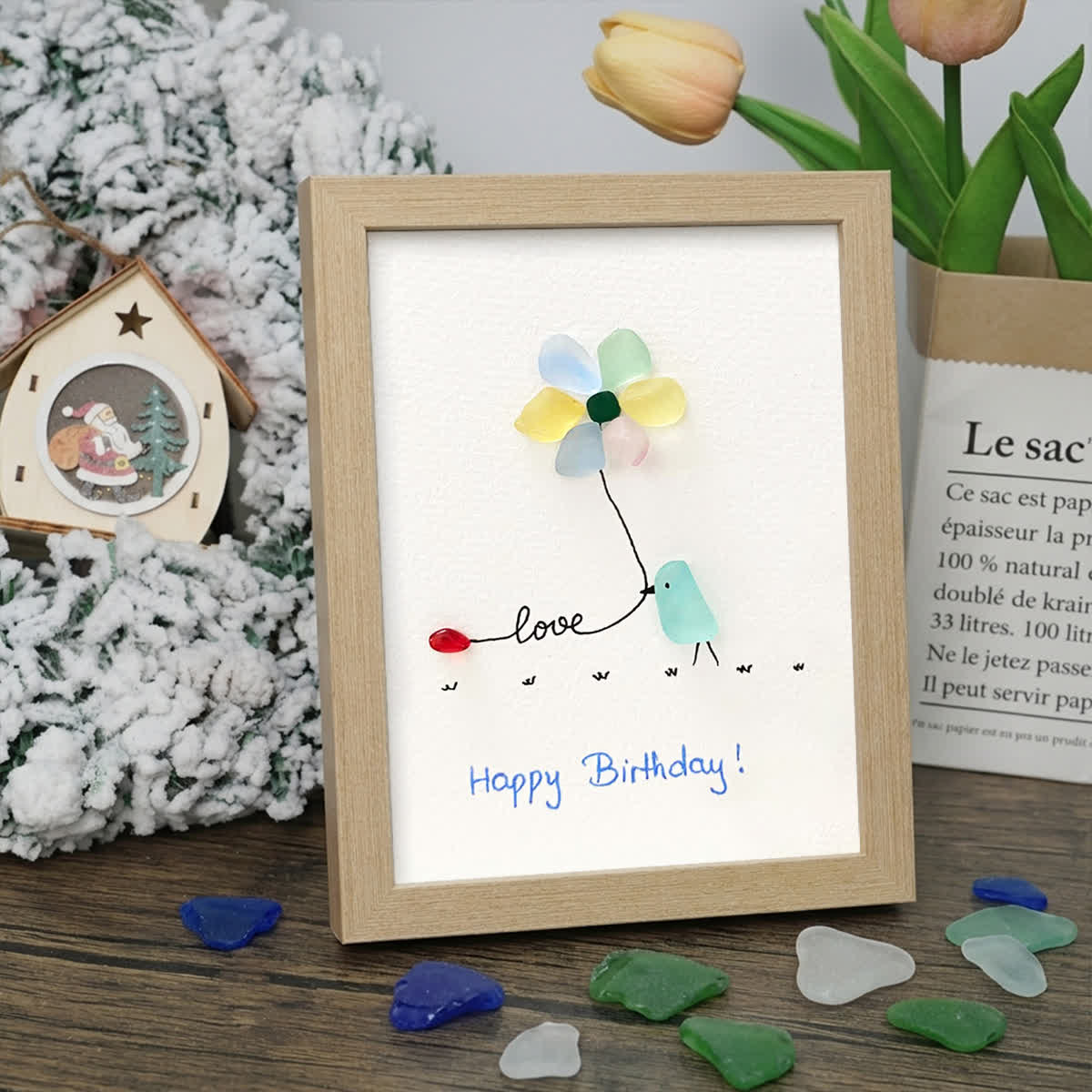 "Love & Blooms" Birthday Bird Sea Glass Framed Art - Oak - 8" X 6" - image 11