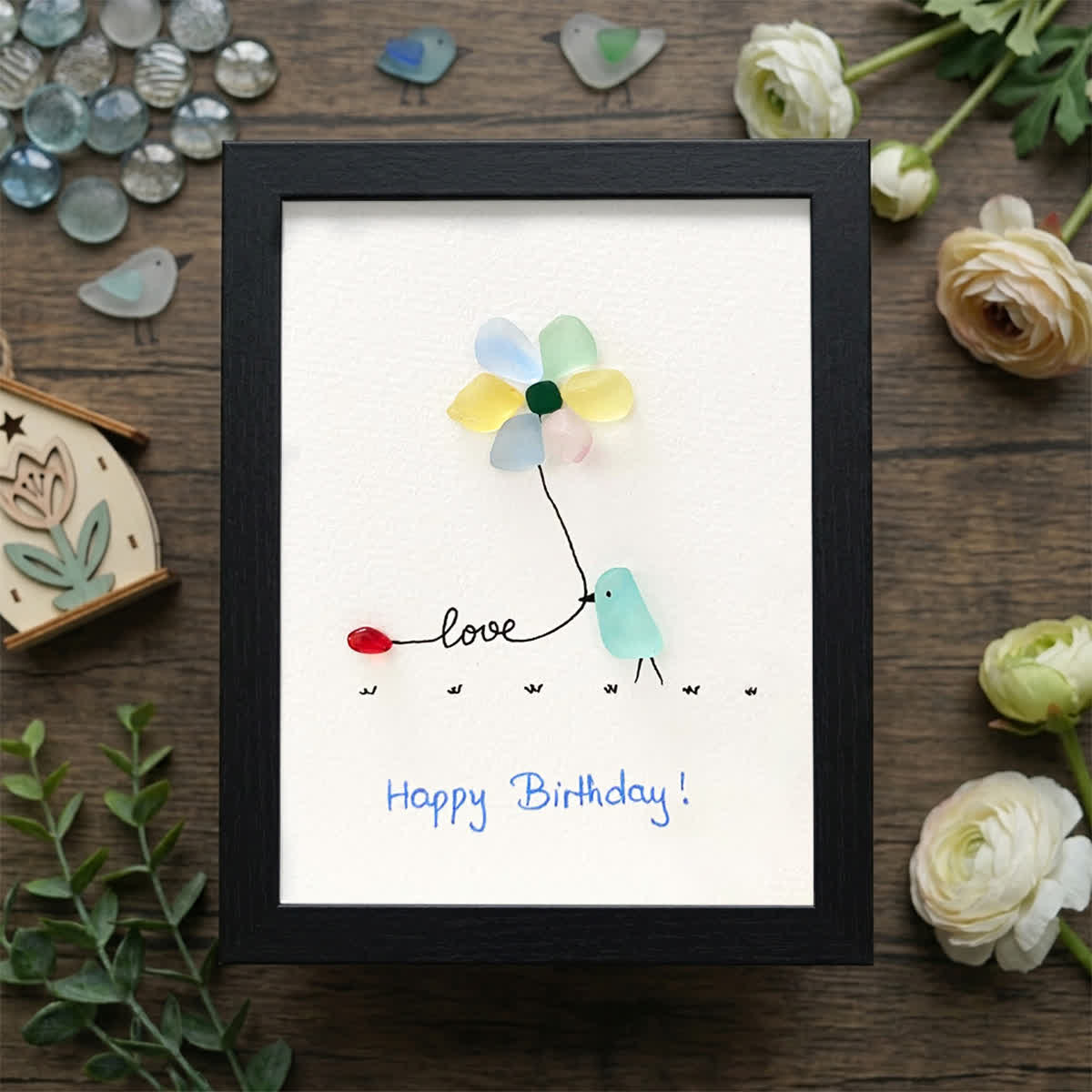 "Love & Blooms" Birthday Bird Sea Glass Framed Art - Black - 8" X 6" - image 13