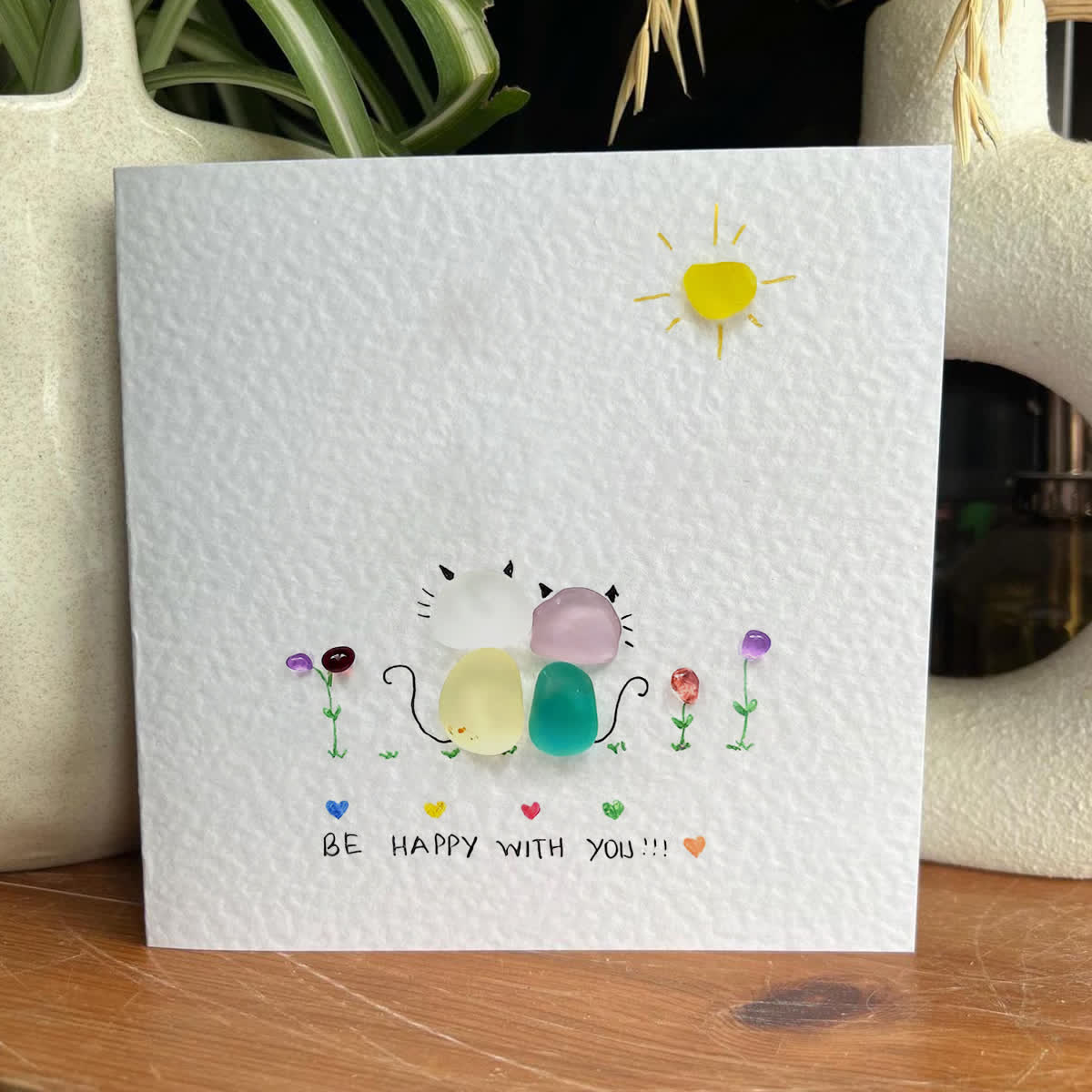 Sunny Companion Cat Sea Glass Framed Art - Seaglass Card - 8" X 8" - image 1